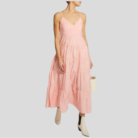 Maje Romeo TrapezeTiered Taffeta Sleeveless Midi Dress In Rose Pale Size EU 38/M - Picture 1 of 15